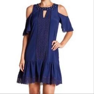 Hale Bob Cold Shoulder Short Sleeve Eyelet Dress Blue - S
